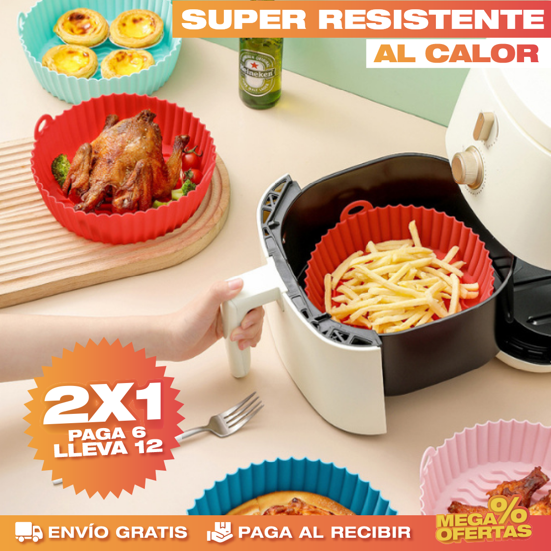12 Canastas de Silicona para Air Fryer – Fríe Sin Aceite y Sin Que se Pegue · 2x1