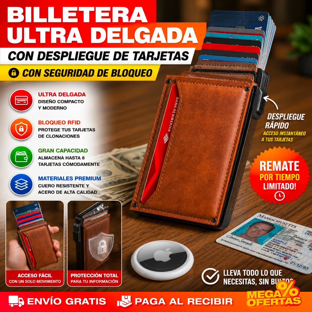 Billetera Slim con Despliegue de Tarjetas y Bloqueo RFID – Saca tus Tarjetas al Instante Sin Bulto