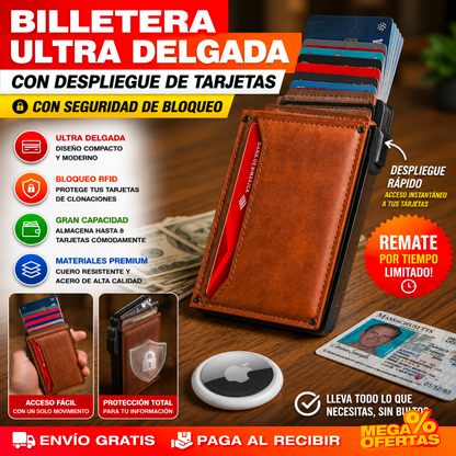 Billetera Slim con Despliegue de Tarjetas y Bloqueo RFID – Saca tus Tarjetas al Instante Sin Bulto