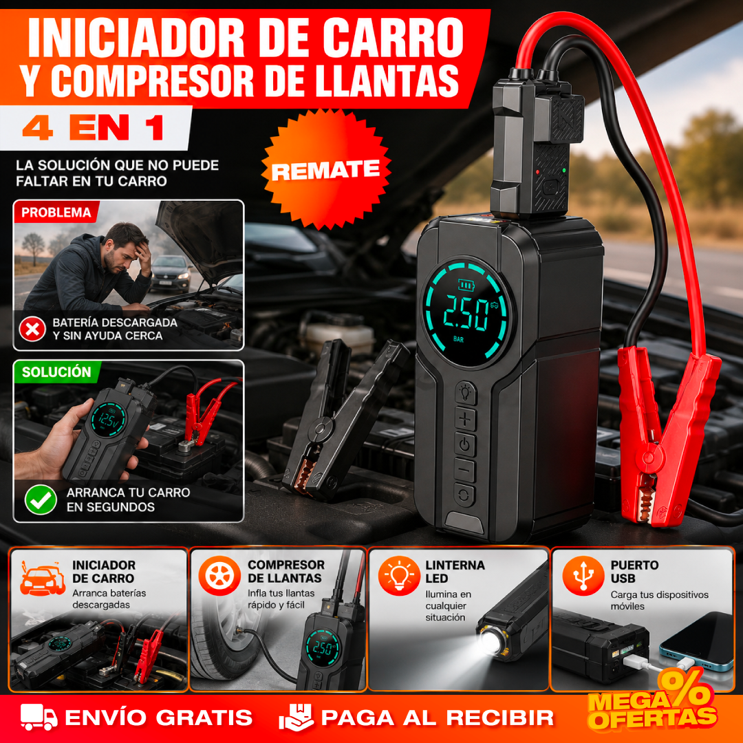 INICIADOR DE CARRO Y COMPRESOR DE LLANTAS – Arranca el carro e infla la llanta sin esperar grúa