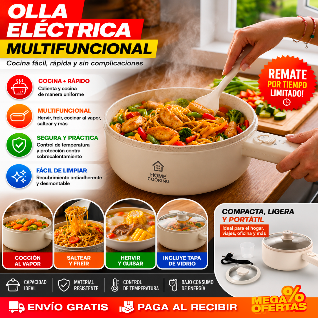 Olla Eléctrica Multifuncional – Hierve, Fríe y Cocina al Vapor en Una Sola