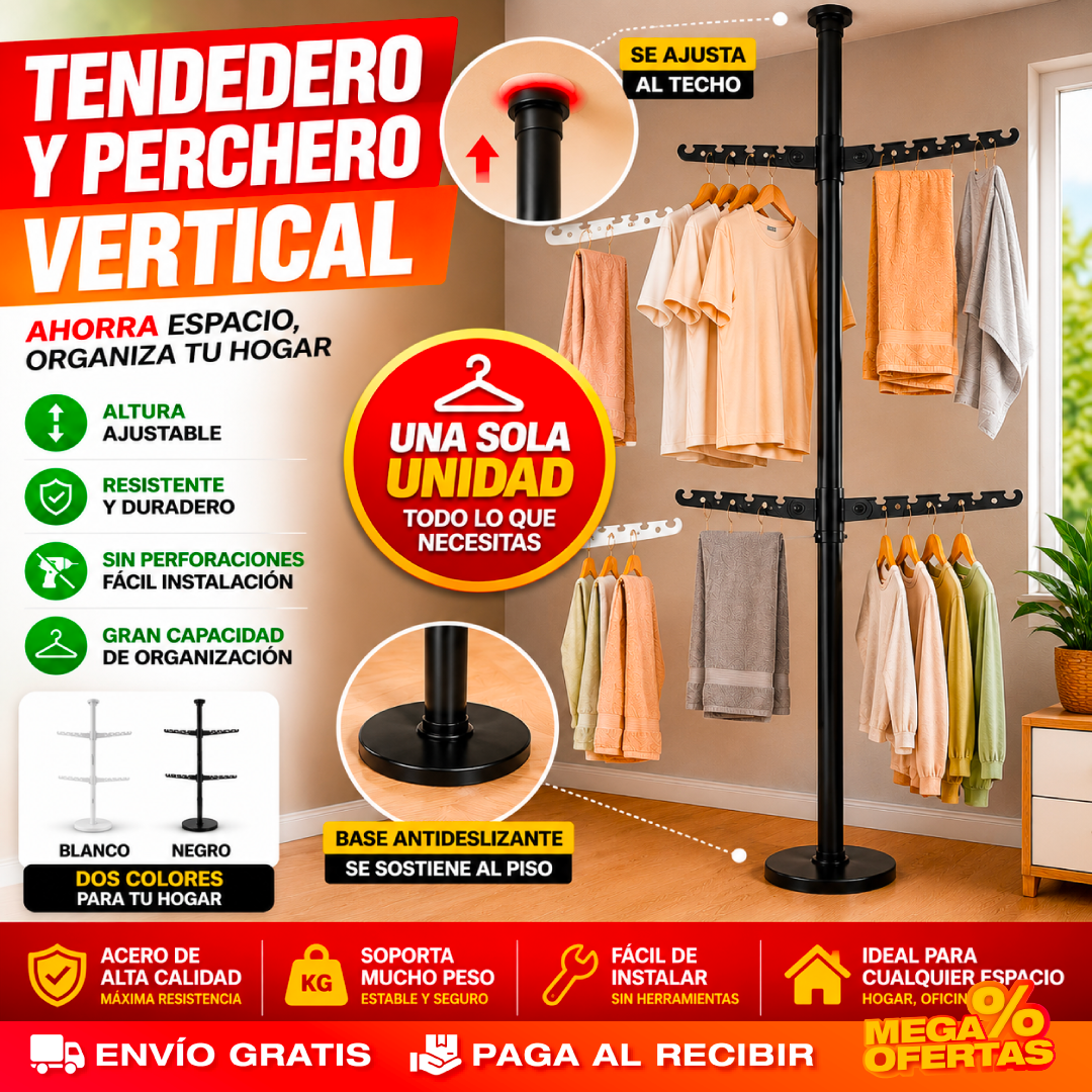 Tendero y Perchero Vertical Ajustable – Seca y Organiza tu Ropa Sin Ocupar Espacio