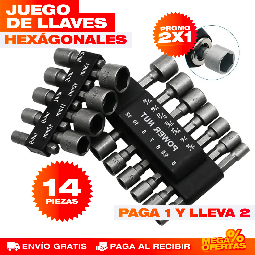 PROMO X2 Boquillas de Llaves Hexagonales – Aprieta Cualquier Tuerca Sin Buscar la Medida · Set x14