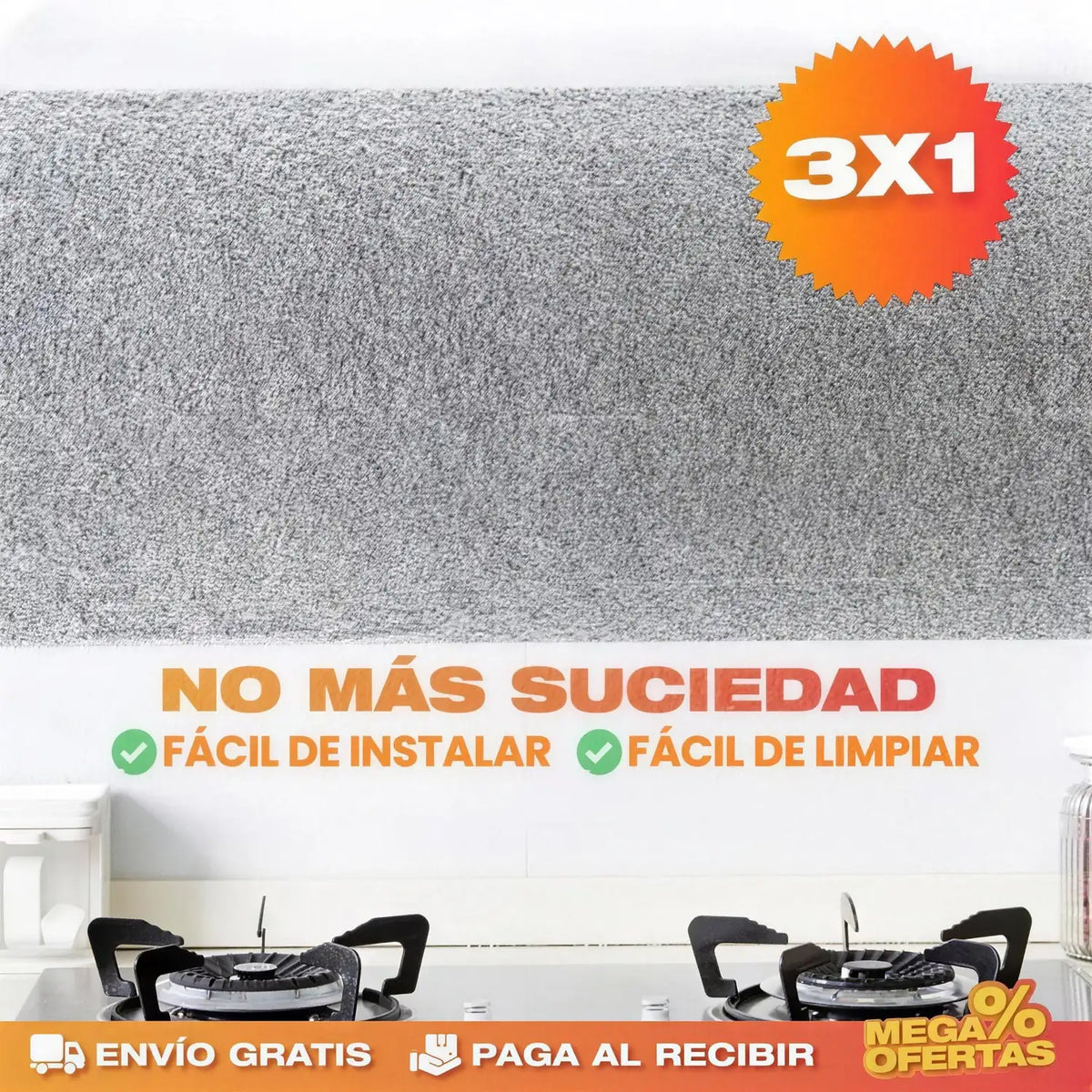 Papel Aluminio Adhesivo de Cocina – Pared de la Estufa Sin Grasa Pegada · 3x1