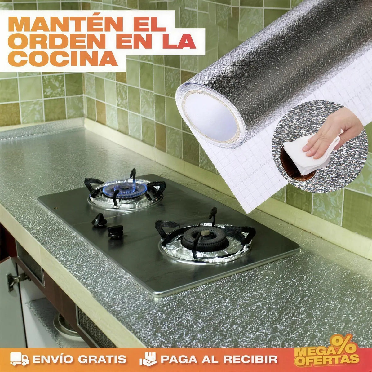 Papel Aluminio Adhesivo de Cocina – Pared de la Estufa Sin Grasa Pegada · 3x1
