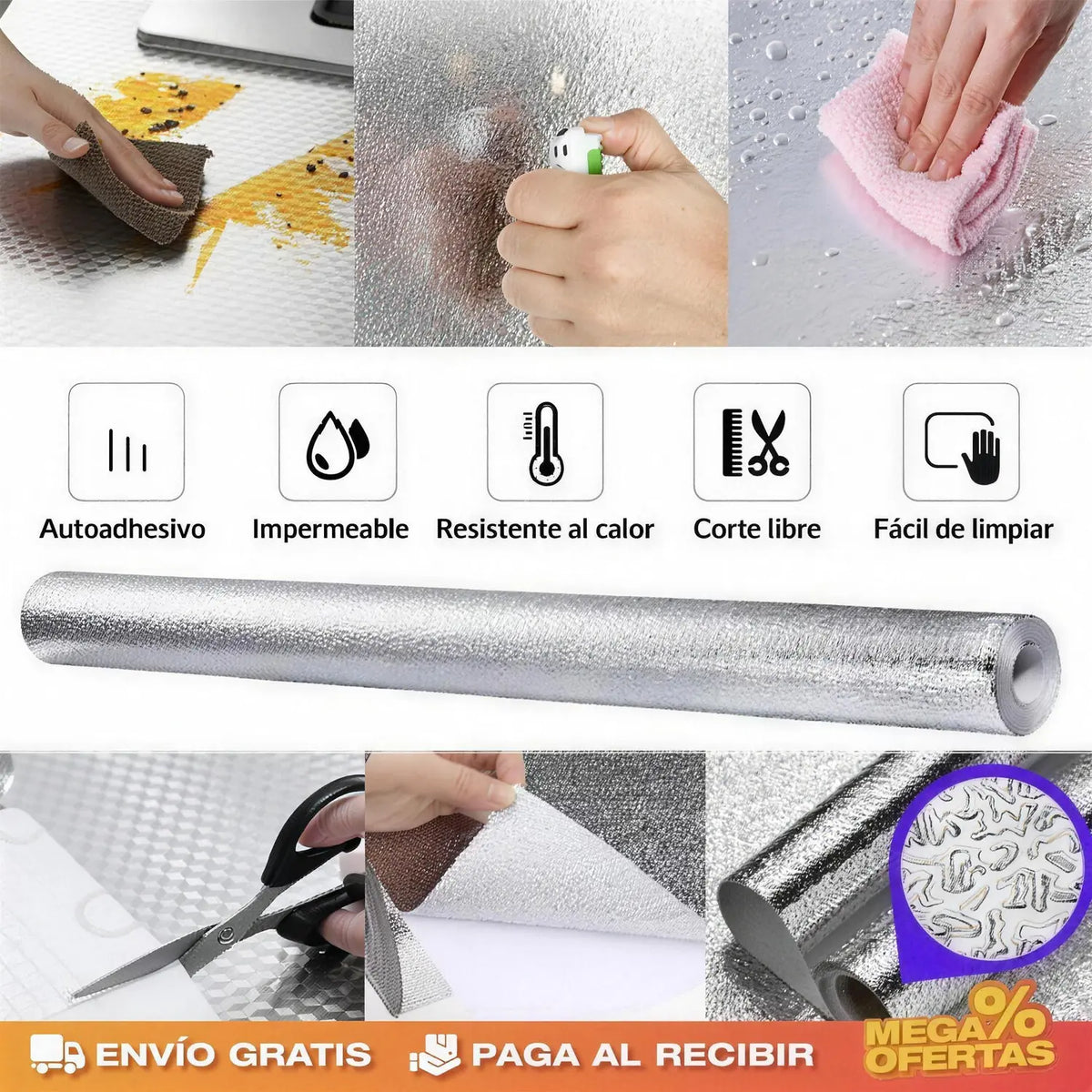Papel Aluminio Adhesivo de Cocina – Pared de la Estufa Sin Grasa Pegada · 3x1